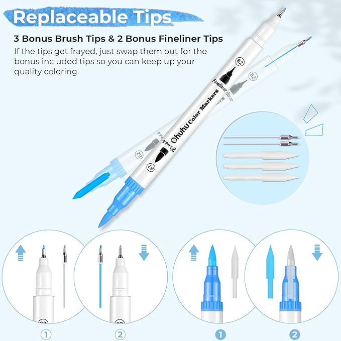 Ohuhu Markers for Adult Coloring Books No Bleeding 100 Colors Coloring Markers Water-based Dual Tips Fineliner & Brush Drawing Pens Art Markers for Kids Adults Sketch Journal - Maui - White