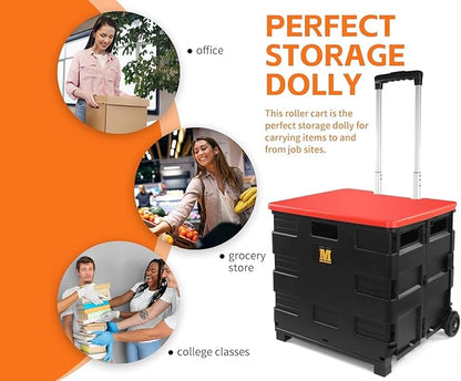 MaxWorks 50830 Collapsible Black Rolling Folding Dolly Cart for Teachers - Multi-Functional Teacher Dolly with Extra Storage, Durable Wheels, and Easy-to-Fold Design for Classroom, Office, Shopping