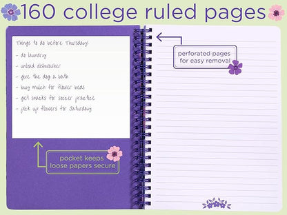 Steel Mill & Co Cute Mini Spiral Notebook, 8.25" x 6.25" Journal with Durable Hardcover and 160 Lined Pages, Lilac Floral