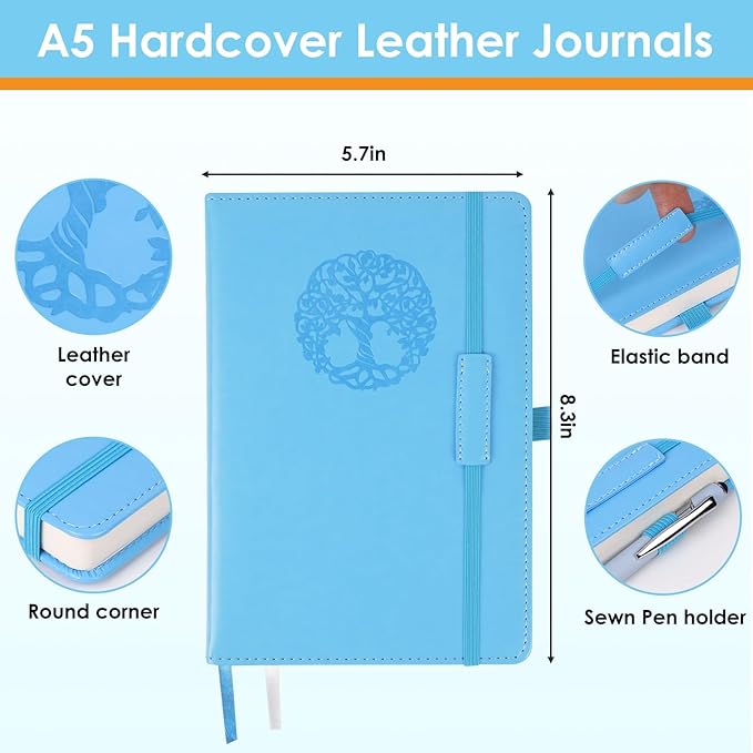 Lined Journal Notebook A5 Hardcover Paper Thick Leather Journals College Ruled Notebooks for Women Men 300 Pages 5.7 x 8.3 Inches Blue