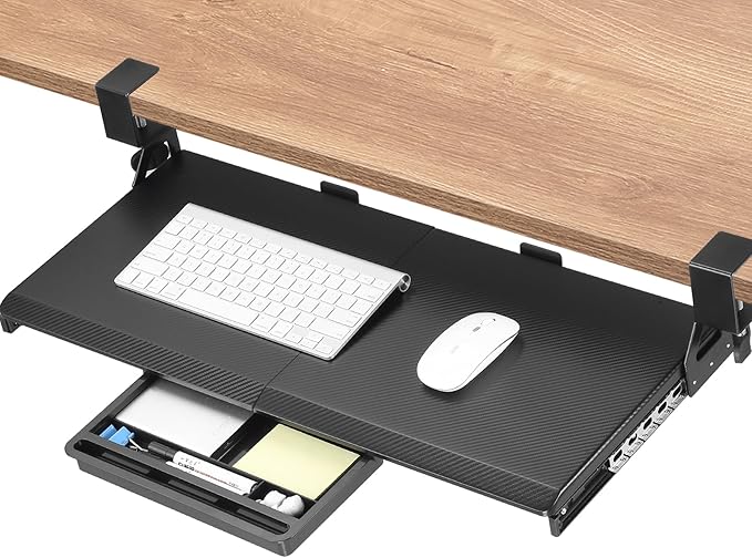 ETHU Keyboard Tray Under Desk, 26.8" x 12.2" Pull Out Steel Smooth Glide Sliding Keyboard Drawer, C Clamp Computer Keyboard Stand Ergonomic Desk Extender Tray for Home Office(Carbon)