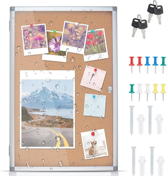 Outdoor Enclosed Cork Bulletin Board Tamper-Proof Dispaly Case, Aluminium Frame, Weatherproof Cork Noticeboard, Enclosed Cork Board for School, Office, Restaurant, Hospital etc（38 * 26inches）