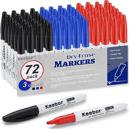 Dry Erase Markers Chisel Tip, 3 Assorted Colors, 72 Pcs Low-Odor Whiteboard Markers, Office & School Supplies