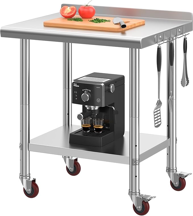 YITAHOME 30" x 24" Stainless Steel Table with Wheels for Prep & Work with Backsplash, NSF Metal Table Prep Table with Undershelf for Home Kitchen Restaurant Garage Warehouse