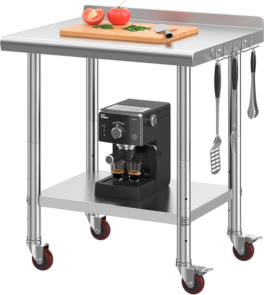 YITAHOME 30" x 24" Stainless Steel Table with Wheels for Prep & Work with Backsplash, NSF Metal Table Prep Table with Undershelf for Home Kitchen Restaurant Garage Warehouse