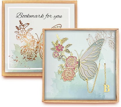 Metal Butterfly Bookmark for Women Cute Book Lovers Gift Butterfly Bookmarks Inital Book Mark Gifts for Reading Women Friend Teacher Appreciation Gifts Mom Birthday Valentines Day Christmas Gift, B