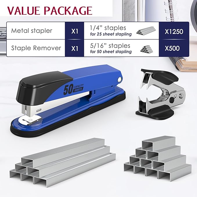 Metal Stapler Heavy Duty 50 Sheet Capacity with 1750 Staples and Staple Remover, Blue Stapler Full Strip Staplers for Desk, No Jam, Non-Slip Office Stapler with Staples for Office & Classroom, Blue