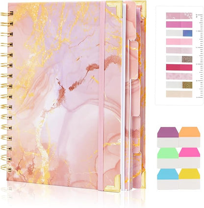 A4 Spiral Notebooks for Work, 300 Pages Lined Spiral Journal Notebook, 5 Subject College Ruled Journals for Writing, 11”x9.25''Journaling Notebooks for School Office Supplies (Pink Marble)