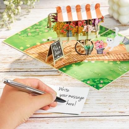 Flowers Cart Pop Up Card, Cat Catching Butterfly, 3D Greeting Card, Gifts for Birthday, Mothers Day, Valentines Day, Mom, Wife, Girlfriend, Sister, 5x7 - Includes Envelope And Message Note