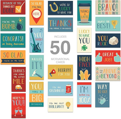 Workplace Appreciation Encouragement Cards / 50 Motivational Kindness Cards / 25 Gratitude Quote Designs For Employees/Small 2" x 3.5" Business Card Size