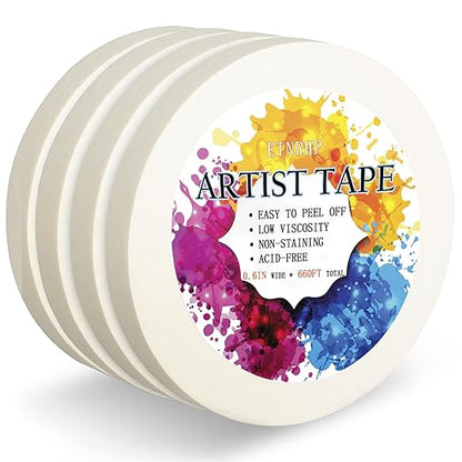 4 Packs White Artist Tape for Watercolor Paper Drafting Art Low Tack Masking Tape Acid Free Painter Watercolor Tape for Painting Canvas Framing, 0.6inch Wide 660FT Long Total