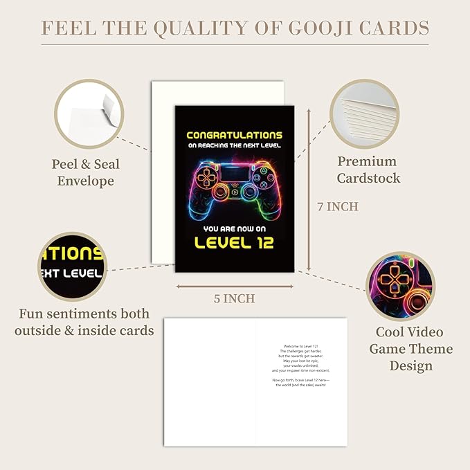 Gooji 5x7 Gamer Birthday Card for Boys – Cool Video Game Birthday Card for Son, Grandson, Brother, Nephew, Kids Ages 9, 10, 11, 12 – Fun Gift for Gamers (12Y)
