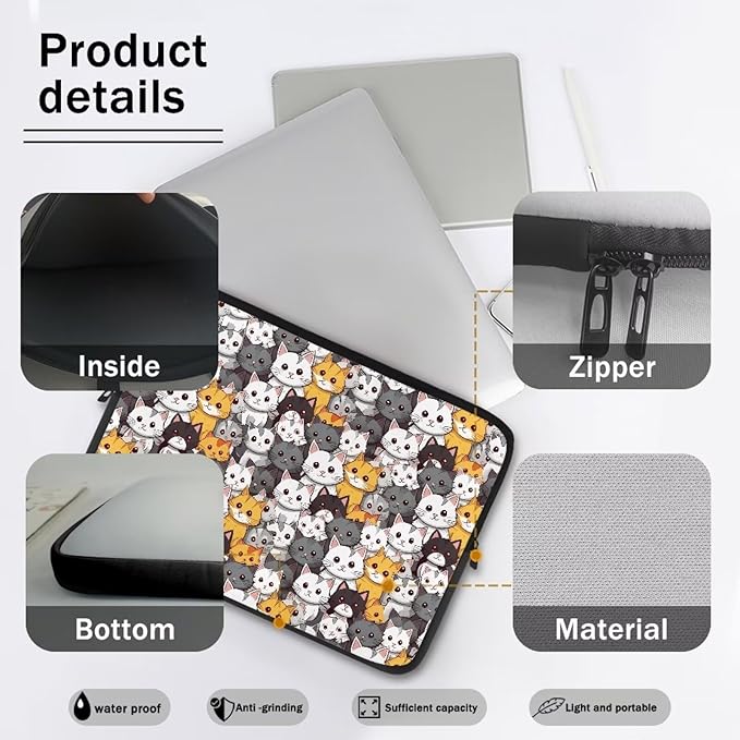 Cartoon Cats Printed Laptop Bag for Women Men, 10 Inch Laptop Sleeve Case Water Resistant Neoprene Computer Case Bag Laptop Briefcase Tablet Briefcase Carrying Bag, Multicolor