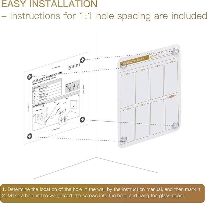SELEAD Magnetic Glass Planning Board for Small Apartment - 18”x18” Dry Erase Whiteboard Weekly Planner Wall Calendar, Message Memo TODO Board for Home Kitchen, White&Gold