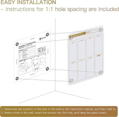 SELEAD Magnetic Glass Planning Board for Small Apartment - 18”x18” Dry Erase Whiteboard Weekly Planner Wall Calendar, Message Memo TODO Board for Home Kitchen, White&Gold