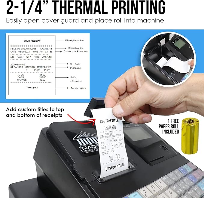 Nadex CR360 Cash Register, 4700 Lookups 50 Dept 50 Clerks, Quick Load Thermal Printer, Compact Size, Cash and Coin Drawer, Black