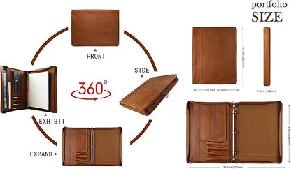 AZXCG Men's Genuine Leather Business Portfolio, Zippered Padfolio Organizer 3-Ring Binder, Organized Portfolio with Pen Rings, Business Card Holder, File Pocket, Holds 99% of iPad and Kindle Fire.