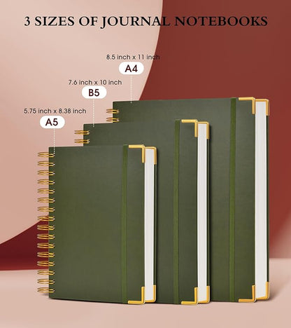 Spiral Notebook Journal 5.75” x 8.38”, 300 Pages Hardcover Leather Lined Journals for Women Men, A5 Small College Ruled Notebooks with 100 GSM Thick Paper, Spiral Journal for Writing Work, Olive Green
