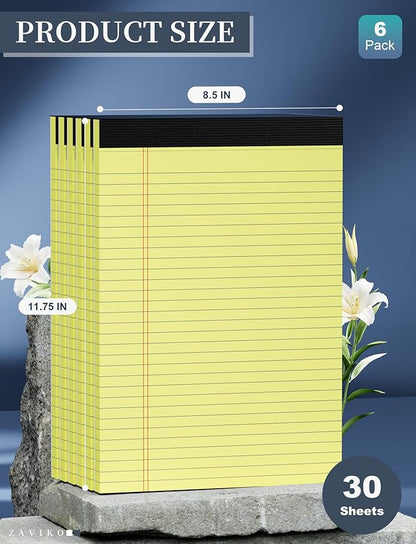 Yellow Legal Pads 8.5 x 11, 6 Pack, Wide Ruled, Yellow Note Pads 8.5 x 11, Writing Pads 8.5 x 11, Easy Tears Off, Double Sided, Cardboard Backing, Pads of Paper, 70 GSM Yellow Paper, 30 Sheets/Pad
