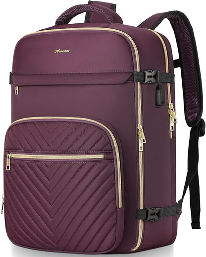 Travel Backpack for Women, Carry On Backpack for Airplanes Flight Approved, Waterproof Large Weekender Overnight Bag Fit 17 Inch Laptop with USB Charging Port, Dark Purple