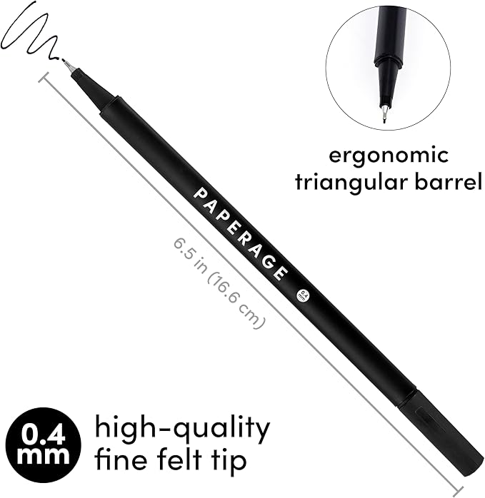 PAPERAGE Felt Tip Fine Point Pens (0.4mm), 12 Pack, Pens For Journaling, Notebooks, Planners, Calendars & Drawing, Great for School, Office, & Home (Black Ink)