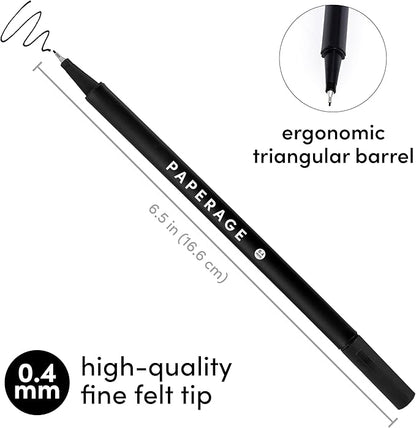 PAPERAGE Felt Tip Fine Point Pens (0.4mm), 12 Pack, Pens For Journaling, Notebooks, Planners, Calendars & Drawing, Great for School, Office, & Home (Black Ink)
