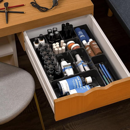 60 Pcs Plastic Drawer Organizer Set,5 Size Small Storage Containers for Organizing Jewelry,Utensil,Junk,Tea,Makeup,Shallow Drawer Organizers Tray Suitable for Office,Desk,Bathroom,Vanity,Kitchen,Black