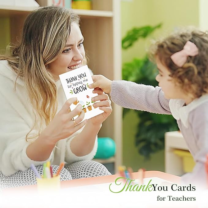 FaCraft Teacher Appreciation Cards, Thank You Cards with Envelopes, 4 x 6, Thank You for Helping Me Grow, for Preschool Kindergarten Teacher Gift Card from Kids Students Daycare (Plant)