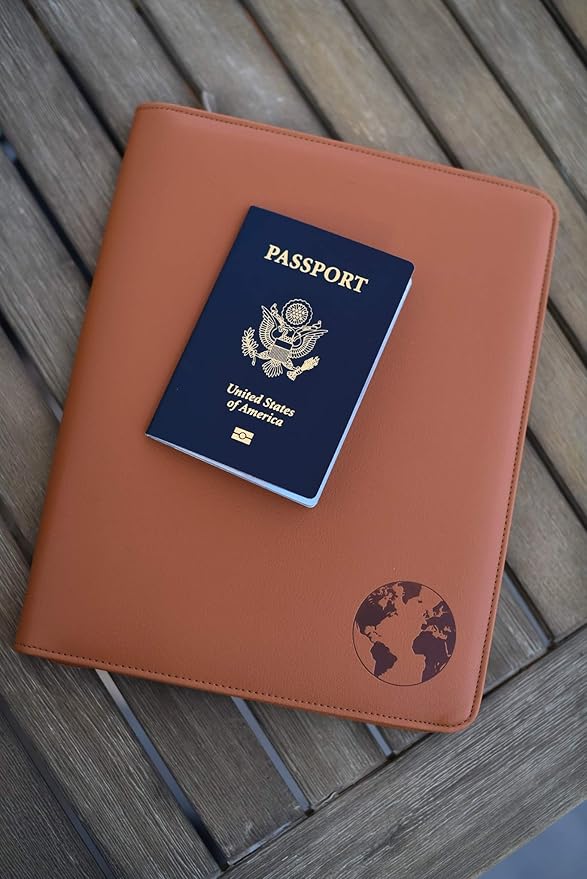 Phone Charging Business & Travel Portfolio w/Built-in Power Bank- Zipper Closure & Refillable Pad- Professional Organizer Padfolio That Charges Phones/Tablets on The Go (Brown)