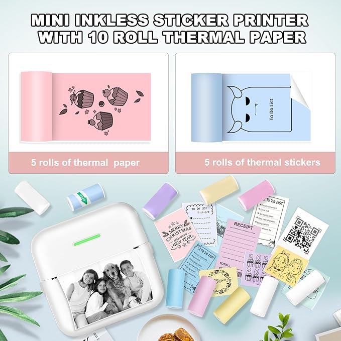 Mini Thermal Printer, Inkless Sticker Printer with 10 Rolls Printing Paper for Android or iOS APP, Portable Bluetooth Printer, Mini Pocket Printer for Journal, Notes, Kids Gift, Receipts