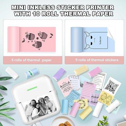 Mini Thermal Printer, Inkless Sticker Printer with 10 Rolls Printing Paper for Android or iOS APP, Portable Bluetooth Printer, Mini Pocket Printer for Journal, Notes, Kids Gift, Receipts