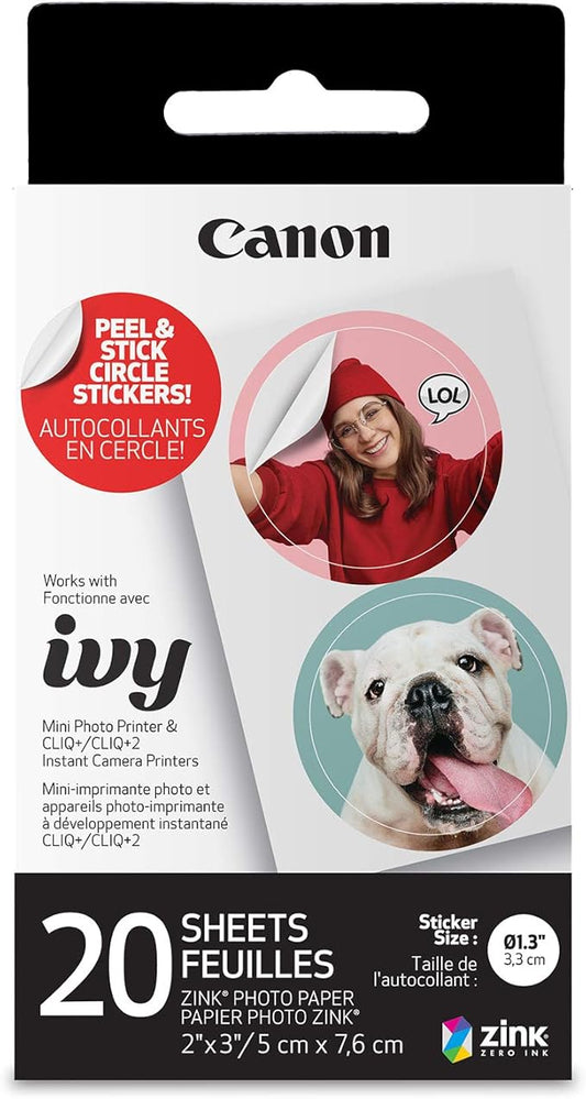 Canon IVY ZINK Pre-Cut Circle Sticker Paper, 20 Sheets