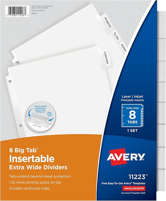 Avery 11223 Insertable Big Tab Dividers, 8-Tab, 11 1/8 x 9 1/4