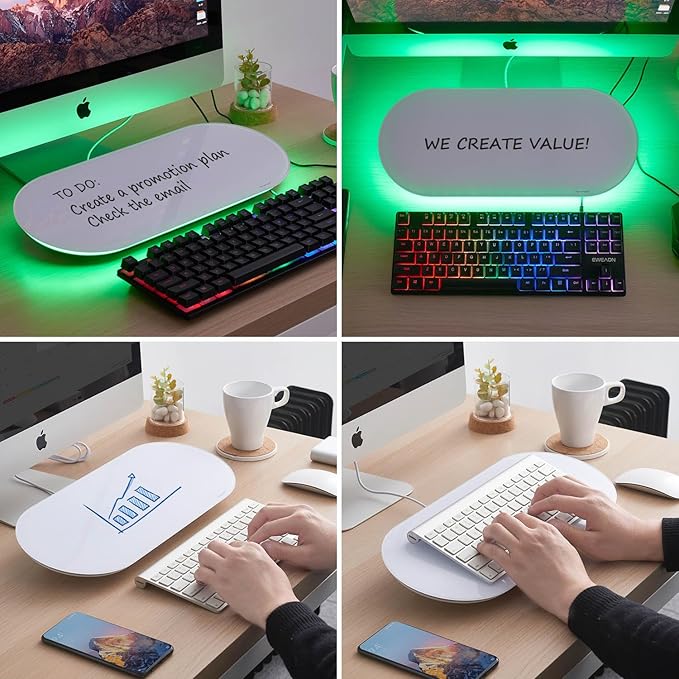 TSJ OFFICE Glass Desktop Whiteboard - 17 X 7 Inches Small Dry Erase Board with Green Light, Glass White Board Surface Notepad with 1 Drawer, Desk Organizers for Office, Home, School Supplies