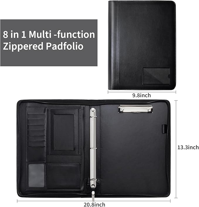 Portfolio Binder - 3 Ring Padfolio with Zipper, PU Business Portfolio Card Holder Tablet Sleeve A4 Writing Pad Clipboard, Meeting Document Organizer for Men Women 2 Pcs (No Calculator)