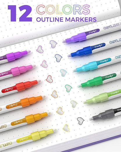 JusArt Outline Markers 12 Colors, Double Line Glitter Markers for Greeting Card Art Crafts, Girls Teens Stocking Stuffers Shimmer Markers, Metallic Sparkle Markers Painting Drawing Supplies