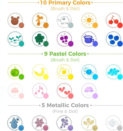 Ohuhu Journal Pens 24 Colors Dot Markers Pens Dual Tips (Calligraphy Brush & Dot) for Adults Water-based Metallic & Regular Colors Dot Pens for Lettering Journal Scrapbooking Coloring Markers - Kumimi