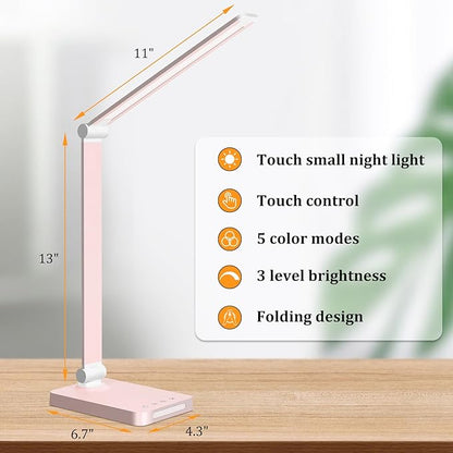 LED Desk Lamp with USB Ports,Touch Desk Lamps for Home Office with 5 Color Modes,3 Brightness Desk Light with Small Night Light,Reading Lamp Table Lamp for Bedroom Bedside Study Pink （with adapter）