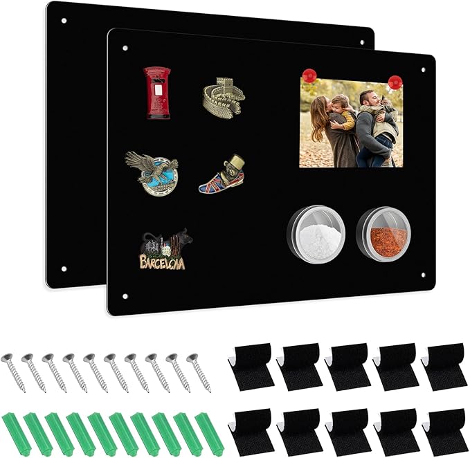 2 Pack Magnetic Board Black, 17" x 12" Metal Bulletin Board for Wall to Display Magnetic Notes, Stickers, Photos, Suits for Wall, Cabinet, with Dual Lock Tape and Screws for Easy Hanging