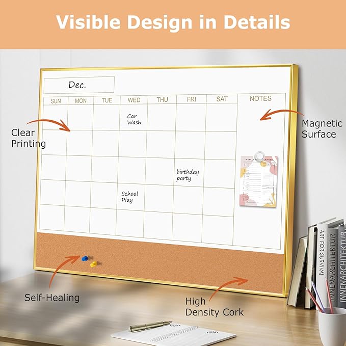 Magnetic Dry Erase Calendar Board for Wall - 36'' x 24'' Monthly Calendar Whiteboard with Cork Board - Gold Aluminum Frame