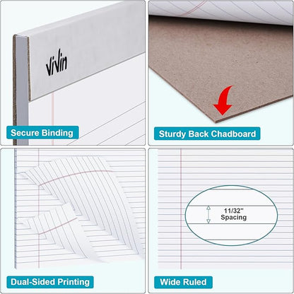 ViVin Legal Pads 8.5 x 11 Inch, Wide Ruled Note Pads, 12 Pack, 50 Sheet/Pad, Perforated Writing Pads, Notepads for Office Home School, 600 Sheets (12 Pack of 50), White Paper