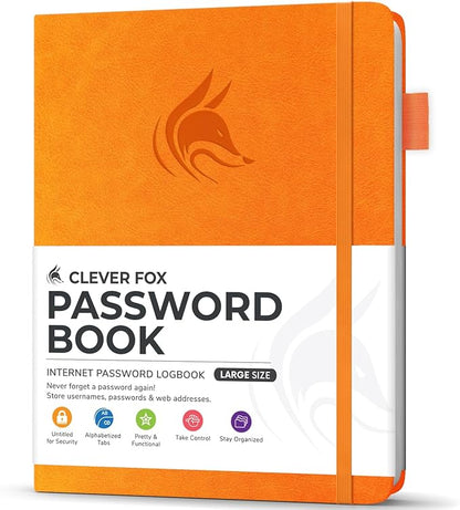 Clever Fox Password Book with alphabetical tabs. Internet Address Organizer Logbook. Large Password Keeper for Website Logins (Yellow)