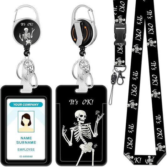 Lanyards for Id Badges, Funny Skeleton Badge Holder with Retractable Reel Clip, Skull Work Name Tags Keychain Lanyard ID Card Protector Cover Case for Women Teacher Nurse Doctor Office