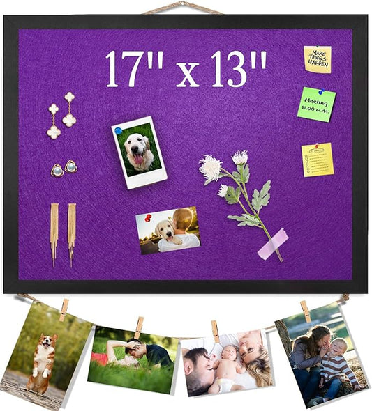 Bulletin Board Cork Boards with Felt, 17"x13" Small Display Pin Board Vision Board for Walls, Jewelry, Notes, Collection, Photos, Office, Wood Framed(Black) & Felt(Purple), 1pc