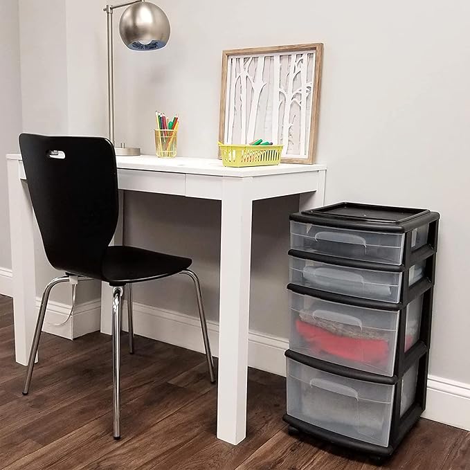 Homz Plastic 4 Clear Drawer Medium Home Organization Storage Container Tower with 2 Large Drawers and 2 Small Drawers, Black Frame (2 Pack)