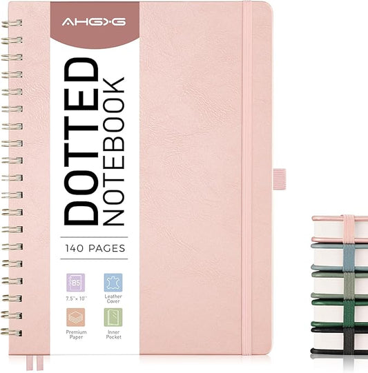 AHGXG Bullet Dotted Journal, Large B5 Spiral Notebook Dotted Notebook 140 Pages, Leather Hardcover, 100 GSM Thick Dot Grid Paper, Inner Pocket, for Bullet Journaling, 7.6" x 10", Rose Gold