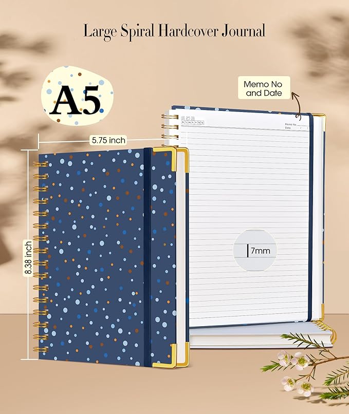 Cute Spiral Notebook Journal for Women, 160 Pages Lined Notebooks 5.75” x 8.38”, A5 Hardcover Spiral Journals with 100 GSM Thick Paper, College Ruled Notebook for Writing Work School, Navy Dots