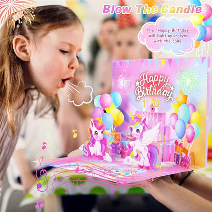 Pop Up Birthday Card with Light & Music, Unicorn 3D Birthday Card, Fireworks Birthday Card for Women Kids Girls Daughter, 3D Cake Greeting Crad with Blowable Candle Sticker DIY Numbers