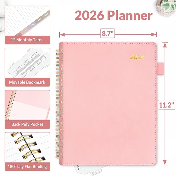SUNEE 2026 Weekly & Monthly Planner 9"x11.2"- 12 Month (January 2026 - December 2026), Vegan Leather Cover, Pocket, Bookmark, Notes, Monthly Tab, Peach Pink