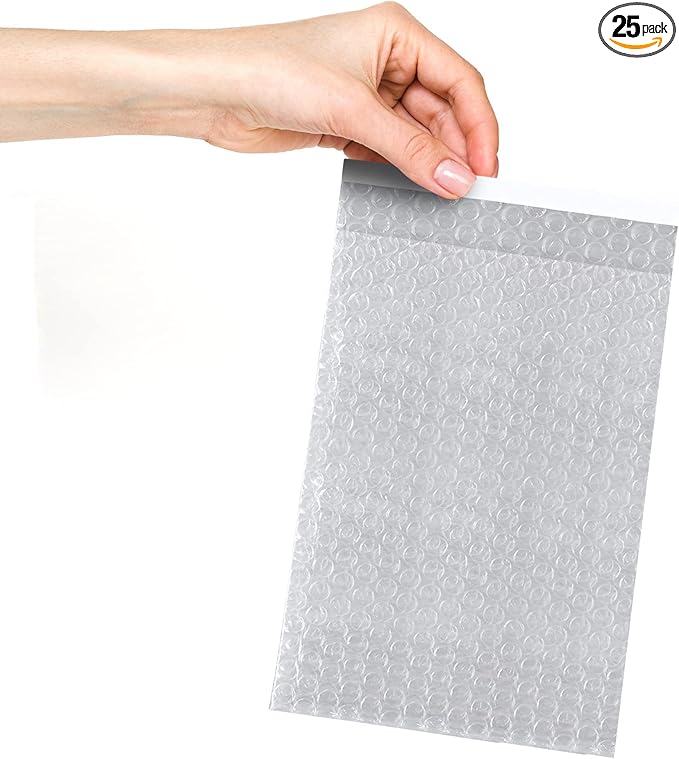 Clear Bubble Out Bags, 4 x 7.5 Inches. 25 Pack Self Seal Bubble Pouches. Polyethylene Clear Bubble Bags for Packing. Waterproof Clear Bubble Out Pouches for Fragile Things